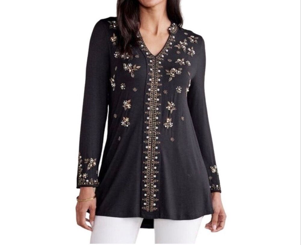 Soft Surroundings $130 Beaded Festa Tunic Top Women's Black boho L NWT